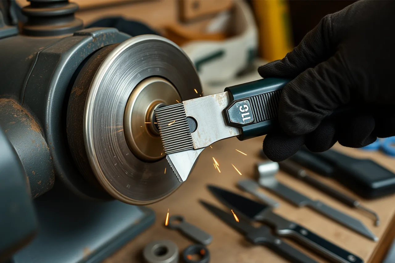 Grooming clipper blade being sharpened on a bench grinder (The best pet grooming equipment brands, judged on use)