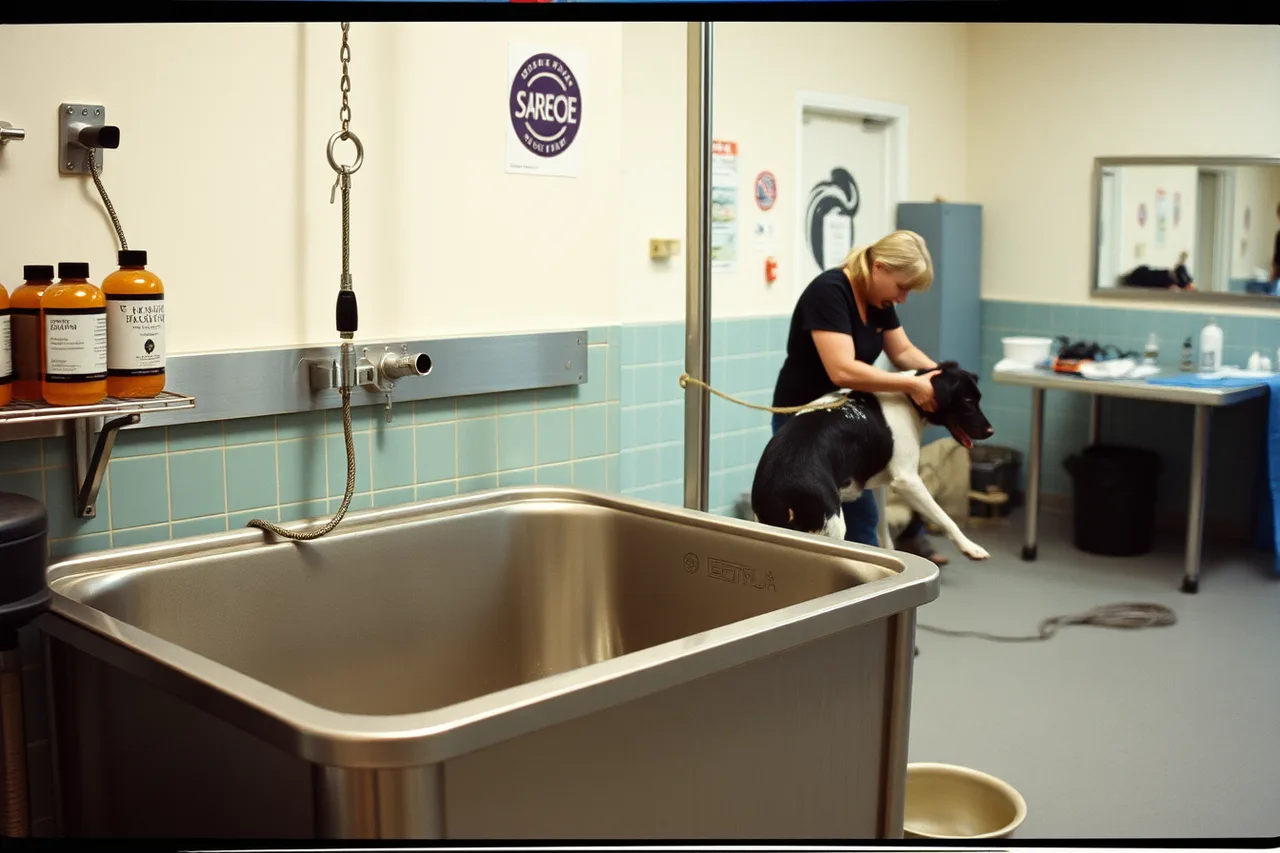 Self-serve dog wash bay with raised tub, sprayer and wet dog (Pet grooming salons worth watching: how the shortlist was built)