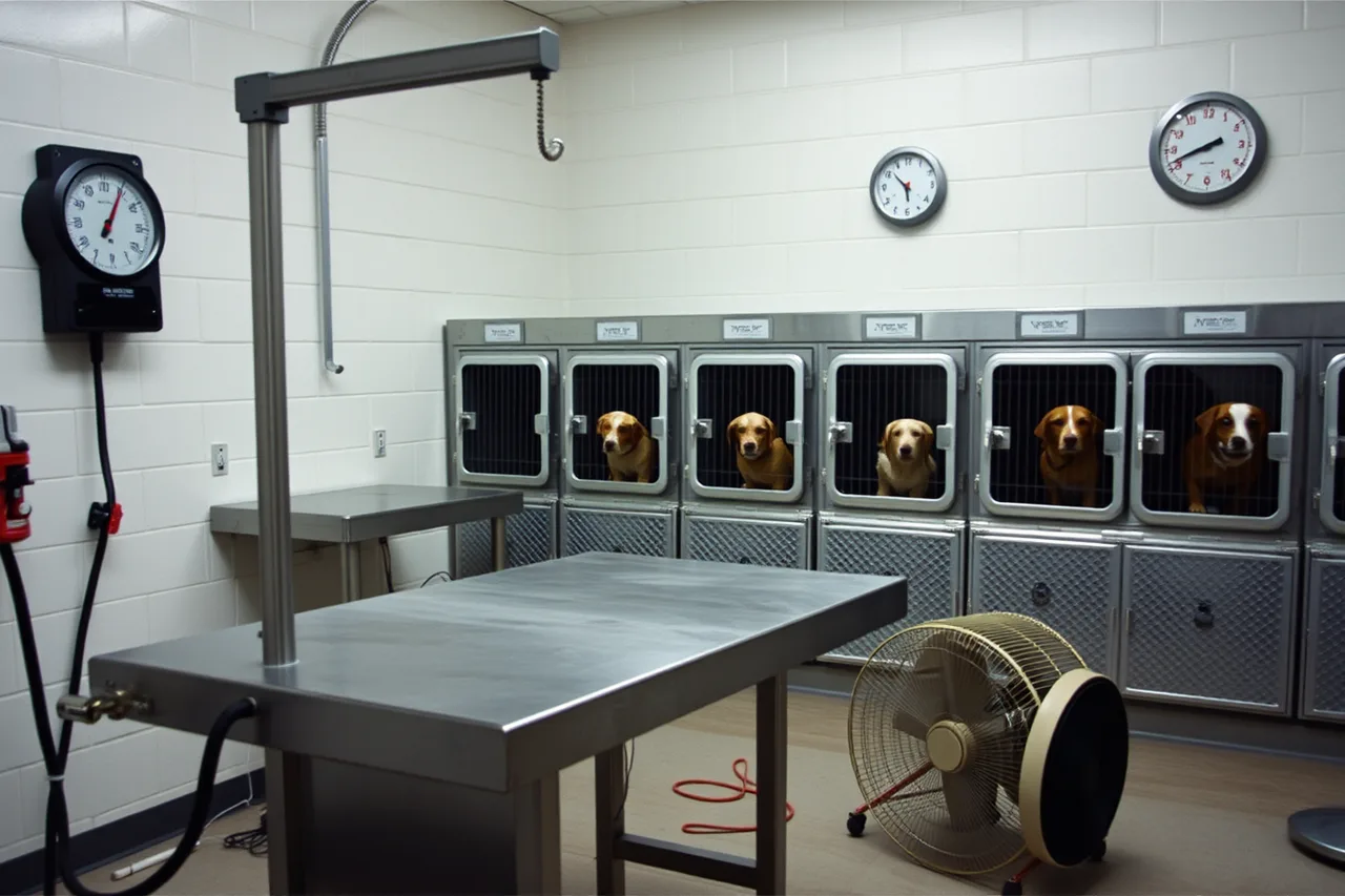 Grooming drying room with table, kennels and wall thermometer (Pet grooming salons worth watching: how the shortlist was built)