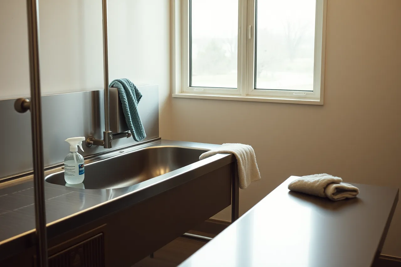 Worker disinfecting grooming table and tub between dogs (7-Point Grooming Salon Sanitation Checklist for Teams)