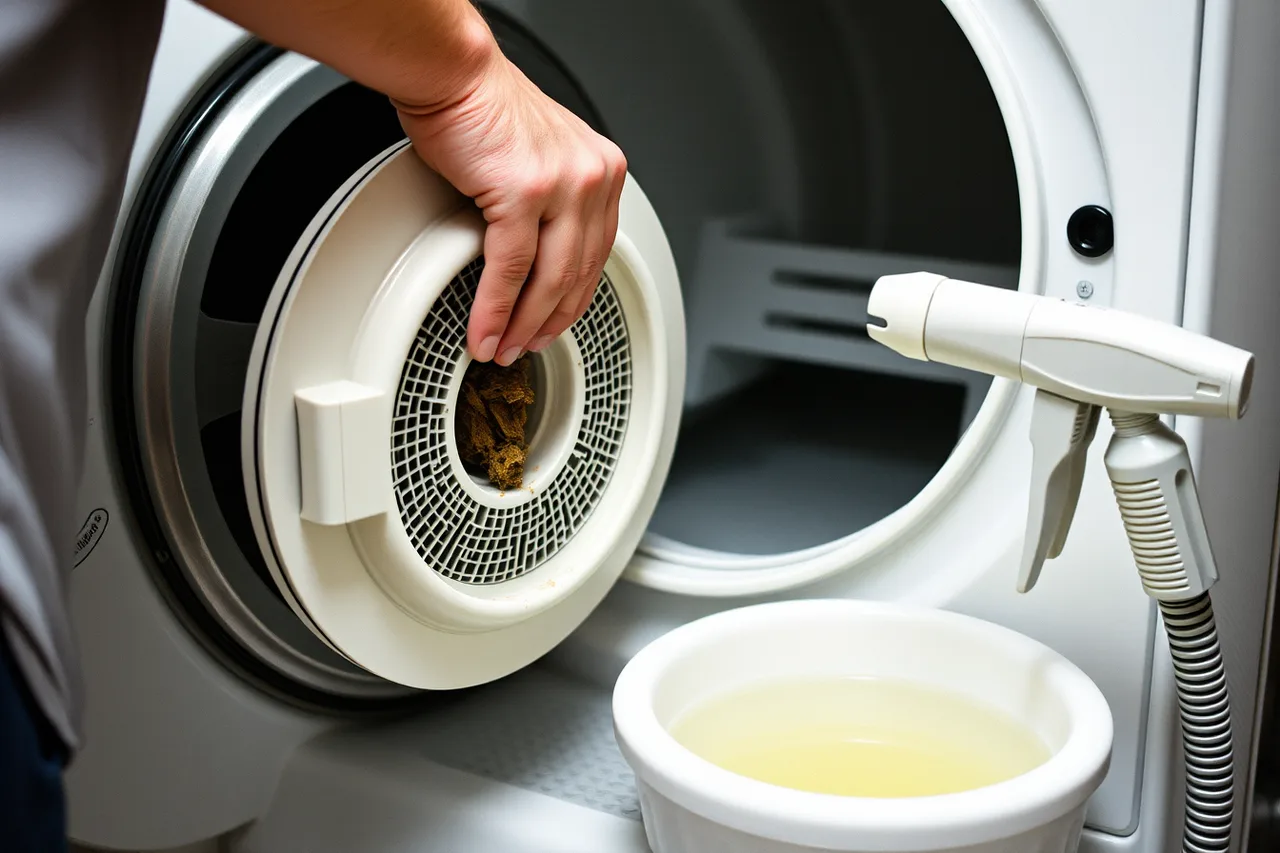 Worker vacuuming dryer intake cover and descaling sprayer head (7-Point Grooming Salon Sanitation Checklist for Teams)