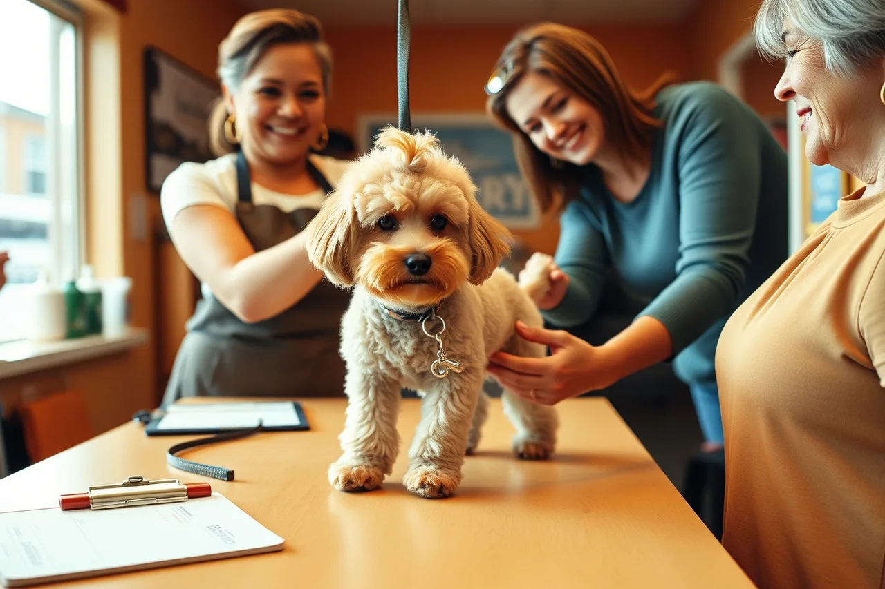 Groomer handing a freshly groomed doodle to its owner at pickup (More referrals for a pet grooming business: what actually works)