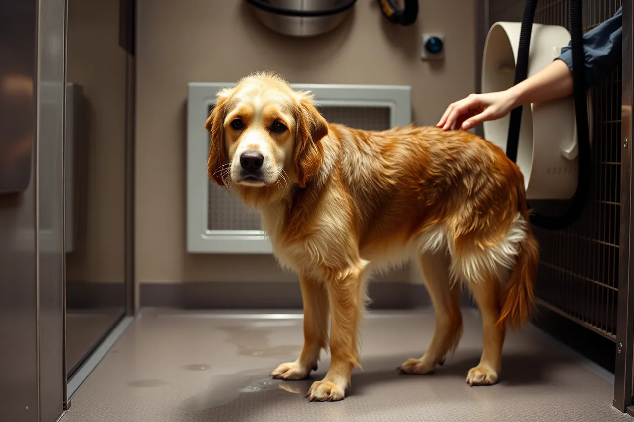 Dog standing in a grooming drying station with warm air blowing through its coat (How to start a pet grooming business that fits its market for 2027)
