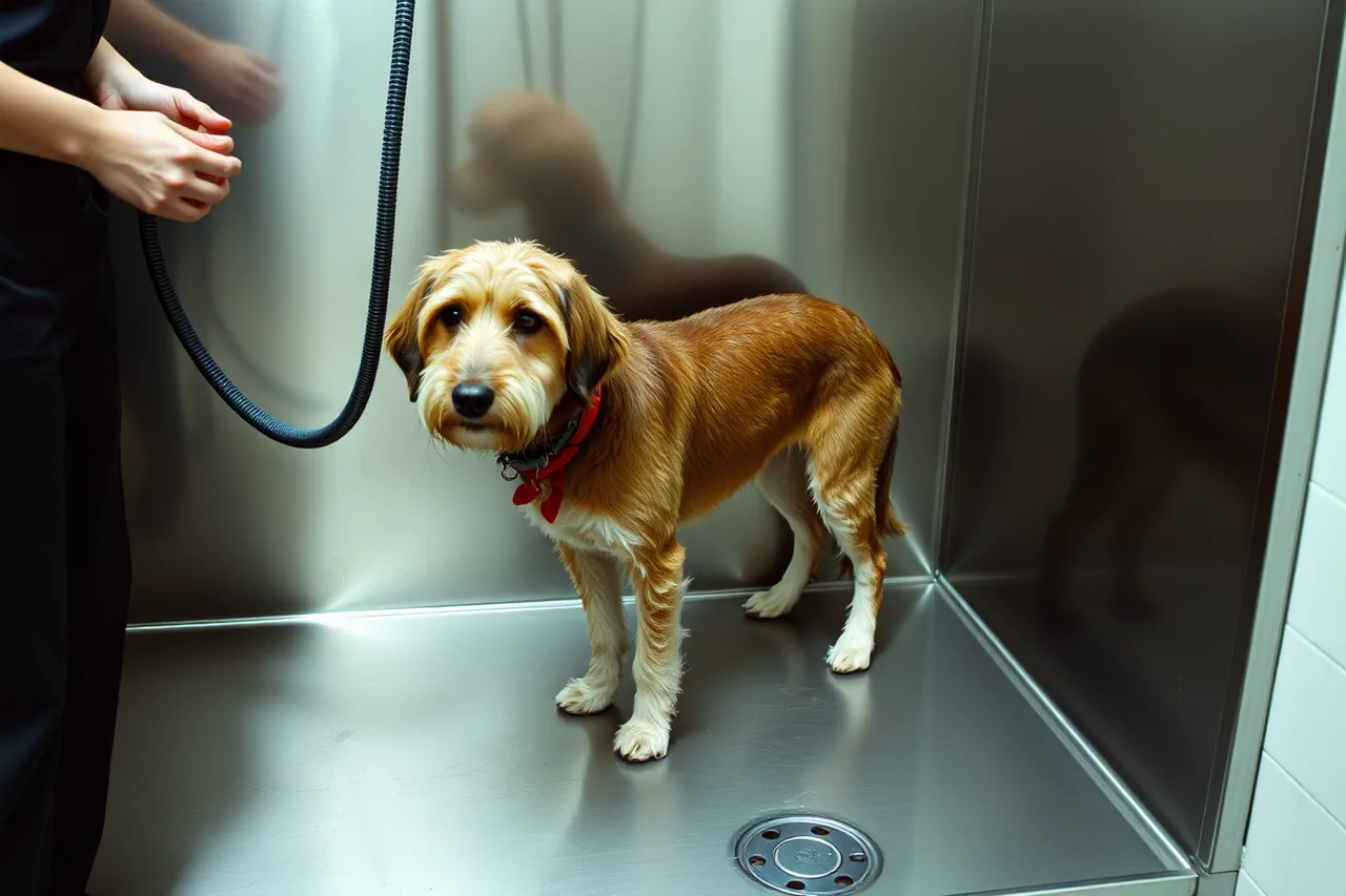Dog tub with ramp, long hose and non-slip floor in a grooming salon (7 points worth checking on pet grooming equipment)