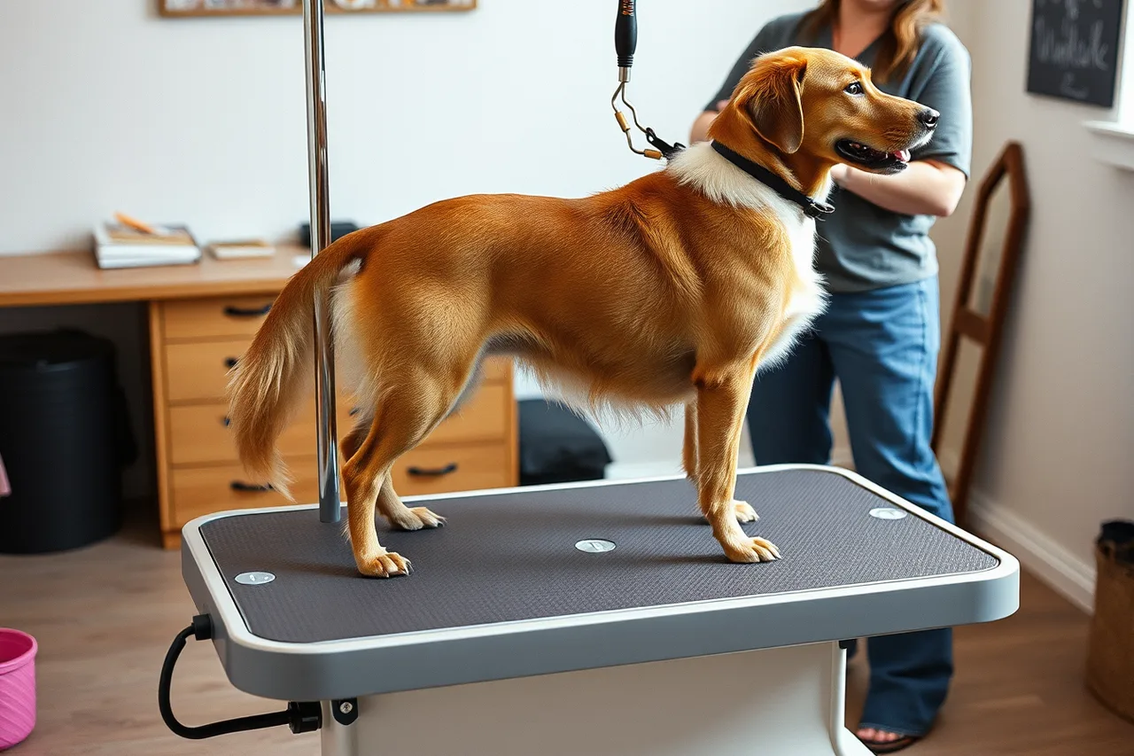 Adjustable grooming table with non-slip top, arm and restraint holding a dog (7 points worth checking on pet grooming equipment)
