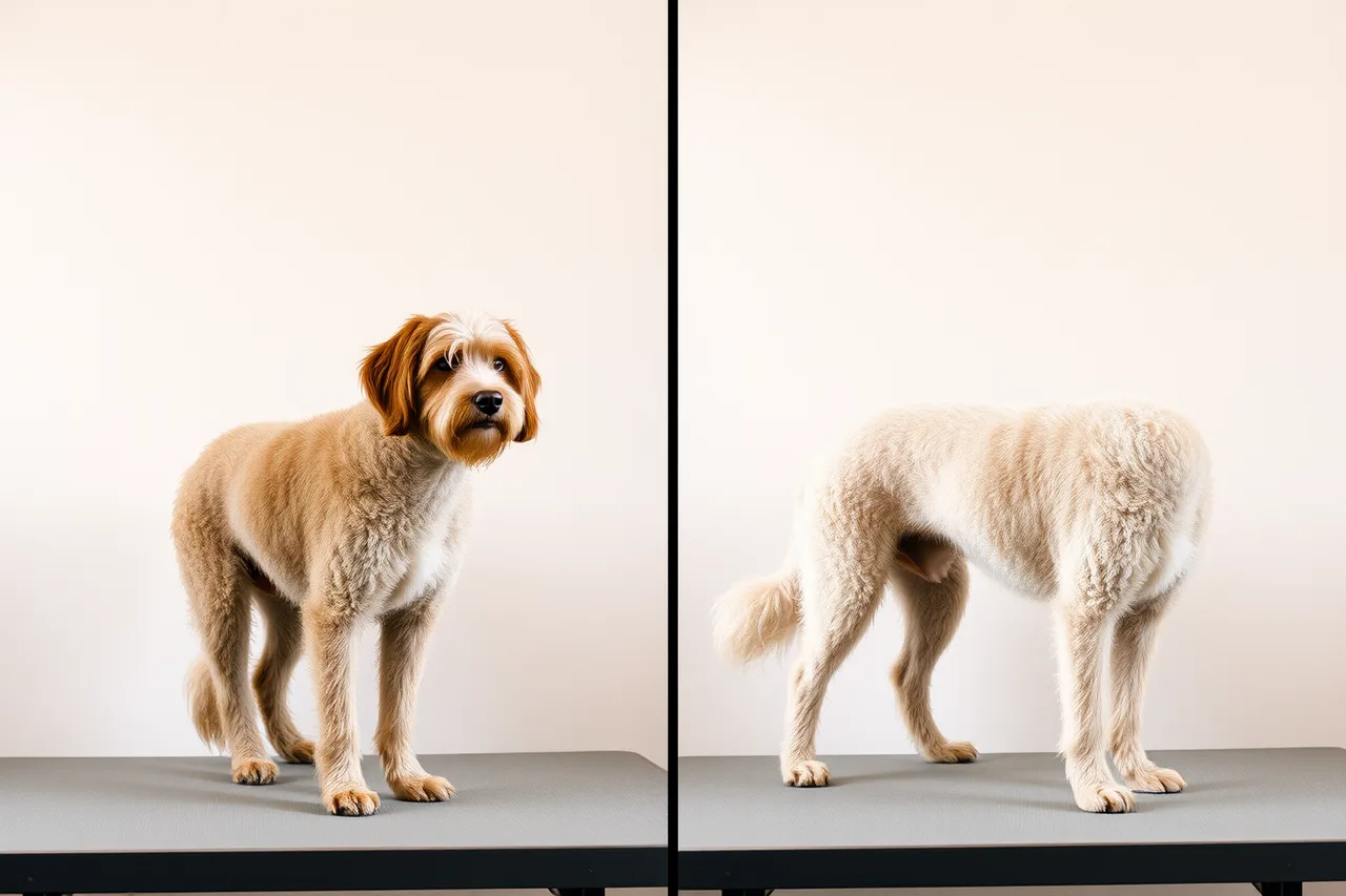 Same dog on grooming table, matted coat before and brushed-out coat after (Marketing a pet grooming business on a small budget in 2027)