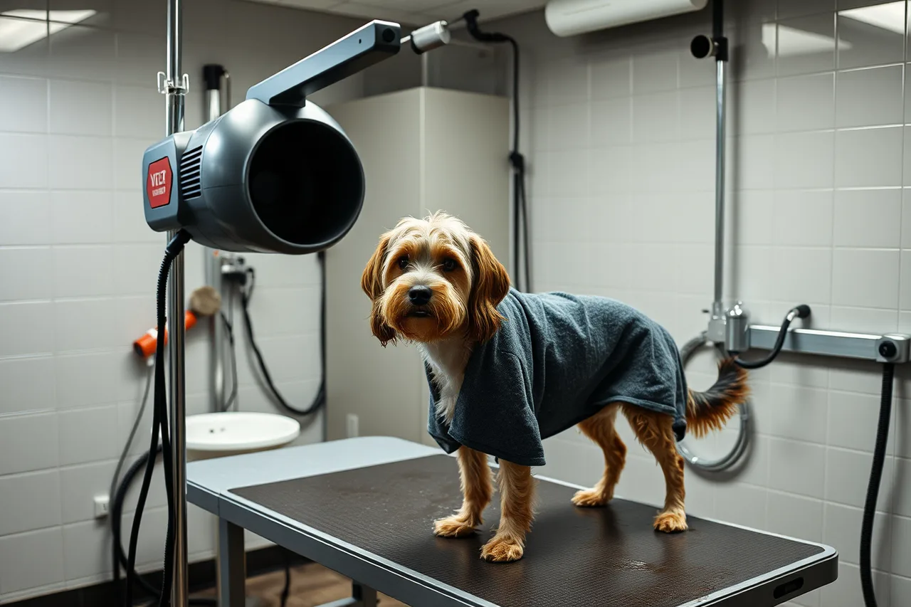 Stand dryer over a wet dog on a grooming table (6 lessons worth learning about pet grooming startup)