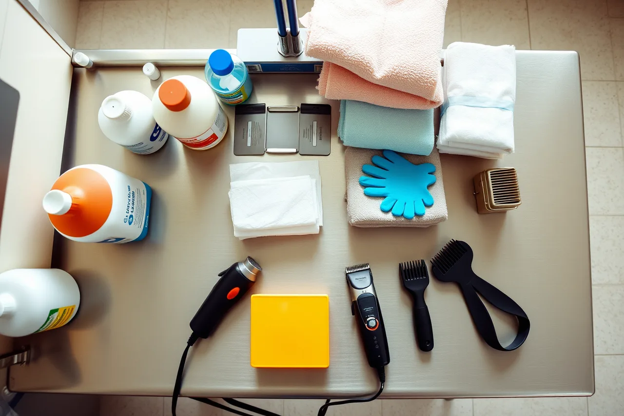 Grooming supplies on a table: shampoos, clipper blades, towels, gloves (Pet Grooming Tax Deductions List: Write Offs for Salons)