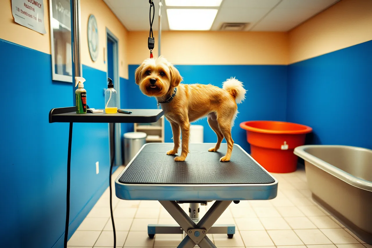Hydraulic grooming table holding a dog in a working salon (How SBA loans and resources help American pet grooming startups)
