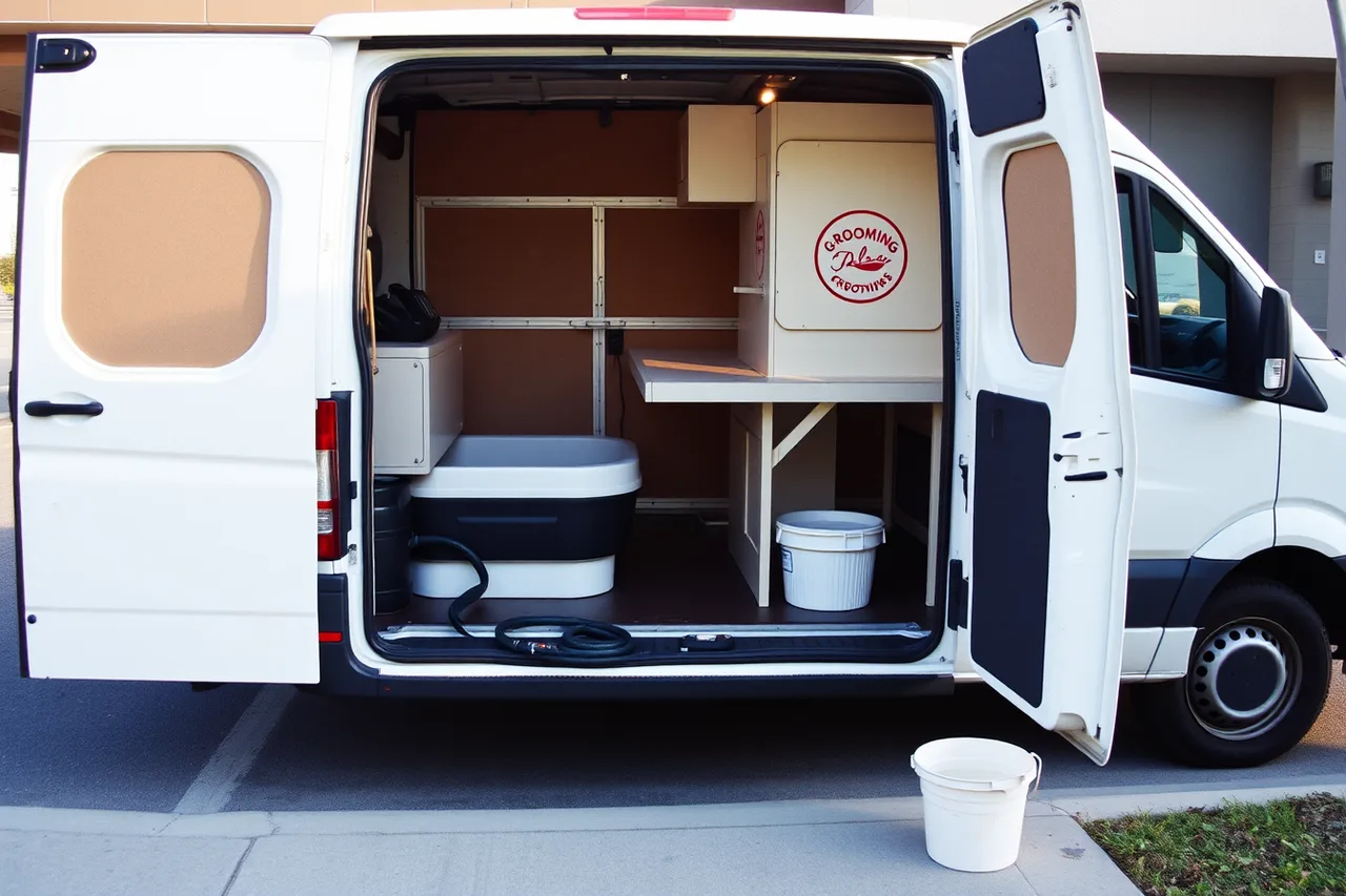 Converted mobile grooming van with door open showing tub inside (How SBA loans and resources help American pet grooming startups)